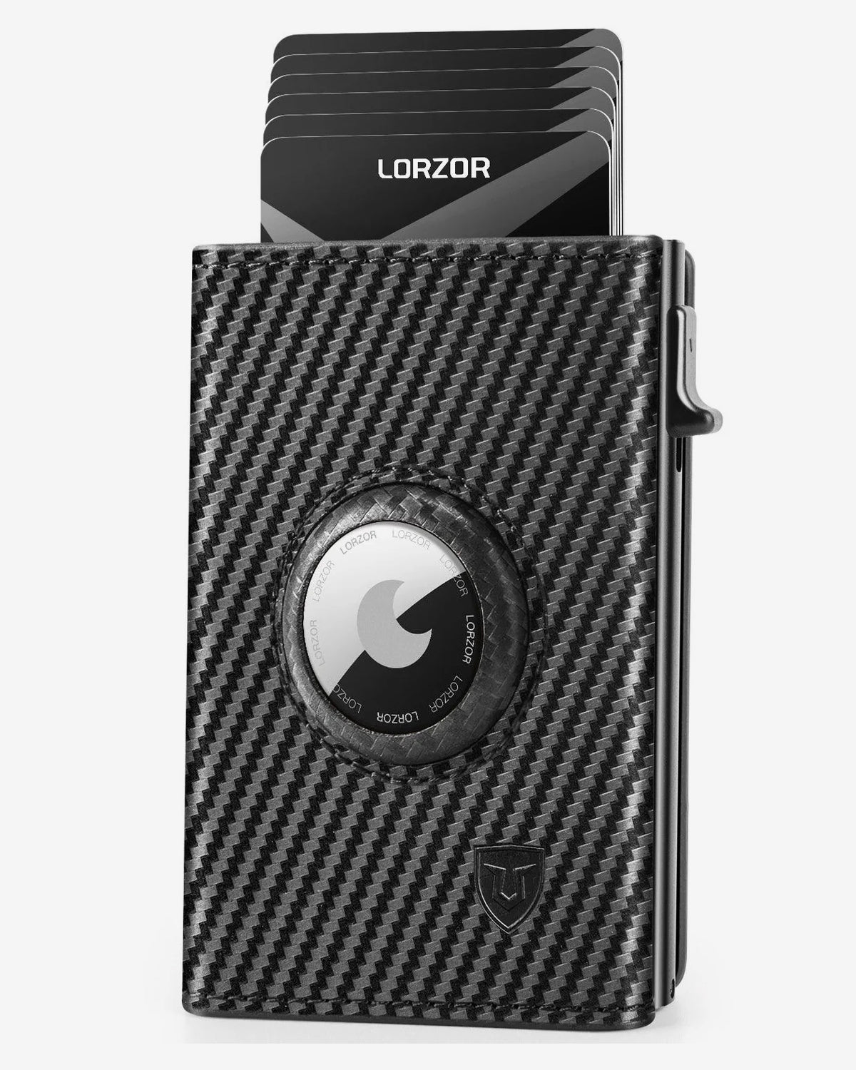 LORZOR-Cartera Slide AirTag de aluminio de cuero de fibra de carbono
