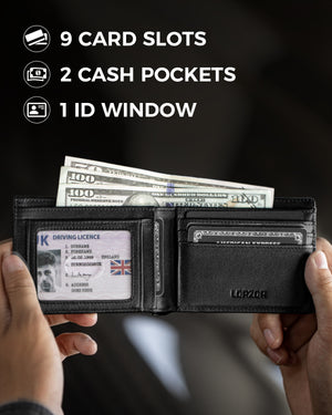 Open black bifold wallet showing card slots, cash pockets, and ID window