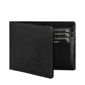 Black leather bifold wallet partially open with card slots visible