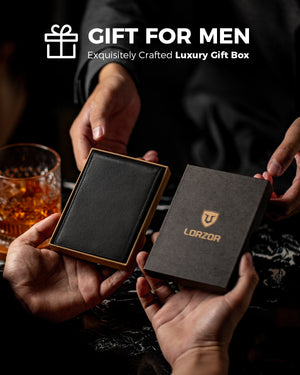 Black leather wallet presented in an open gift box with branded lid