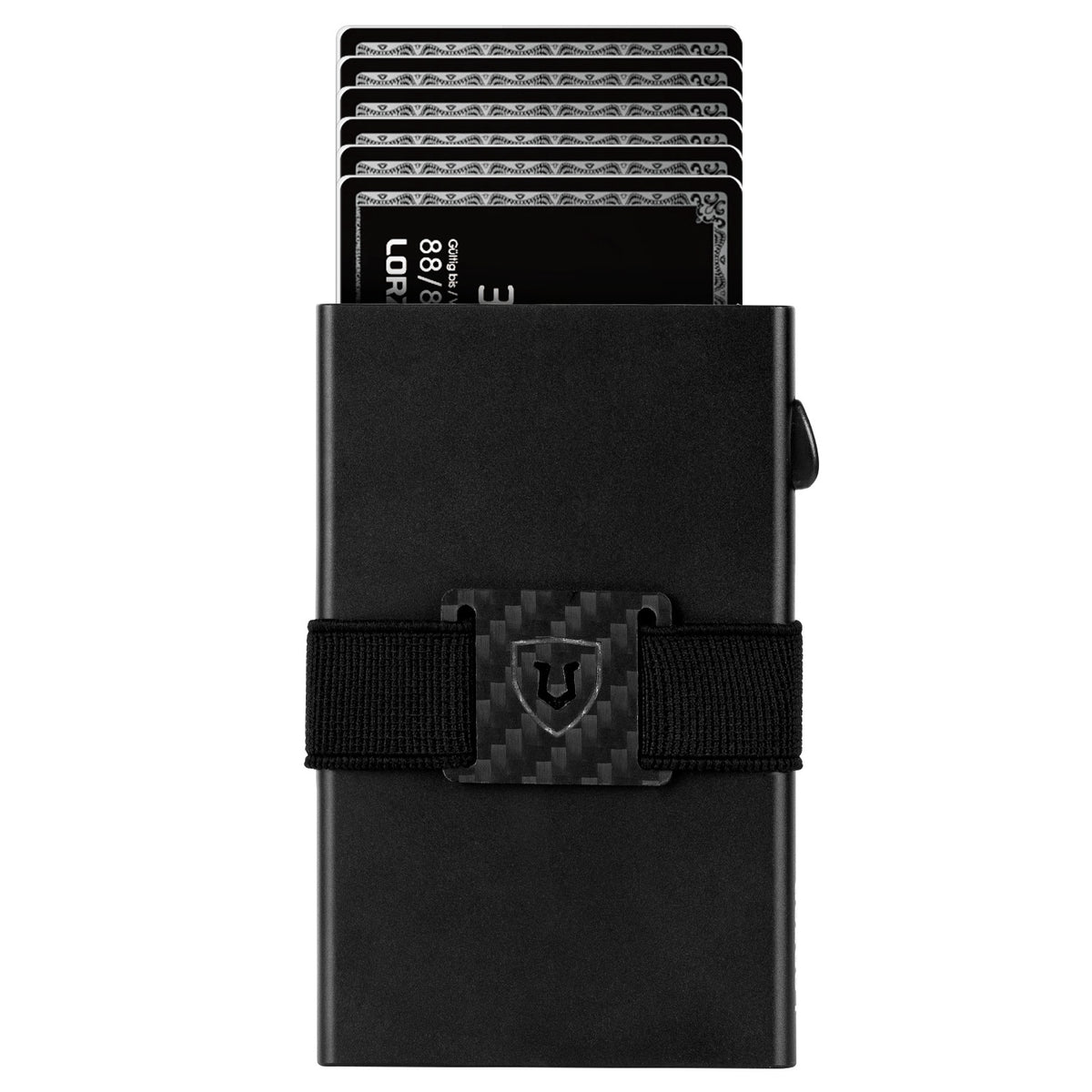 Black aluminum RFID wallet front view with cards extended and a black cash strap