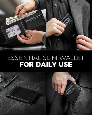 Black slim bifold wallet shown with cash, cards, and pocket carry scenes