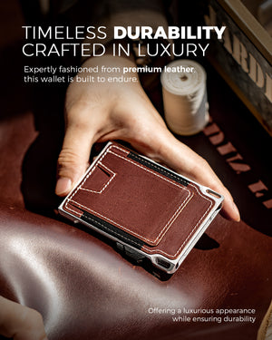 Close-up of genuine leather texture and stitching on the LORZOR tactical wallet.