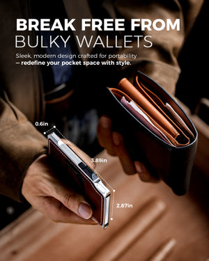 Size comparison showing the slim thickness and compact dimensions of the LORZOR tactical wallet.