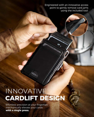 Cards partially elevated from the wallet using the mechanical card lift system.