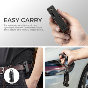 Keys attached to the organizer being held near a car, indicating use during vehicle access.