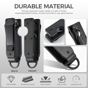 Multiple angle views highlighting the metal construction, screws, edges, and ring attachment of the key organizer.