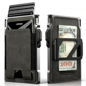 Front and back view of a military green LORZOR tactical wallet showing card storage and cash clip
