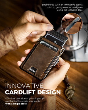 LORZOR tactical wallet cardlift design showing quick and precise card access with a single press