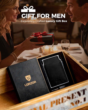 Wallet displayed inside a presentation box during a gift-giving scene.