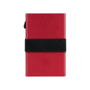 Back view of red aluminum card wallet with black elastic strap