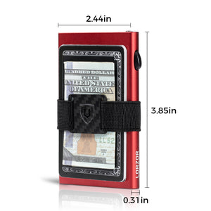 Red aluminum card wallet with cash strap shown with 2.44 in by 3.85 in dimensions