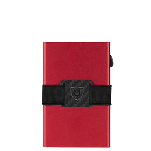 Front view of red aluminum card wallet with black cash strap