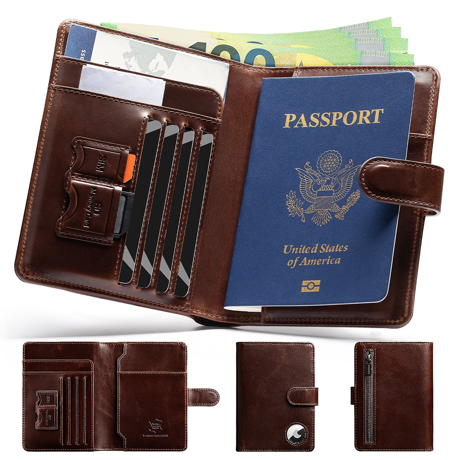 LORZOR Passport Wallet & Tracker Card Set Brown