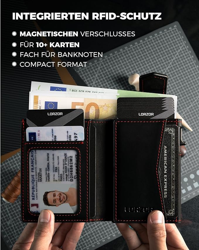 LORZOR Men's Slim Genuine Leather Wallet with RFID Protection and Coin Compartment - Black Carbon, AirTag Compatible, Modern Design - Smart Card Case for Secure Storage