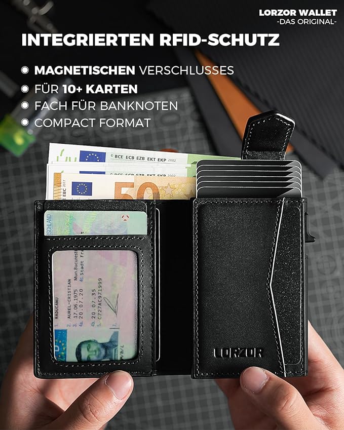 LORZOR Men's Slim Genuine Leather Wallet with RFID Protection and Coin Compartment - Black Carbon, AirTag Compatible, Modern Design - Smart Card Case for Secure Storage