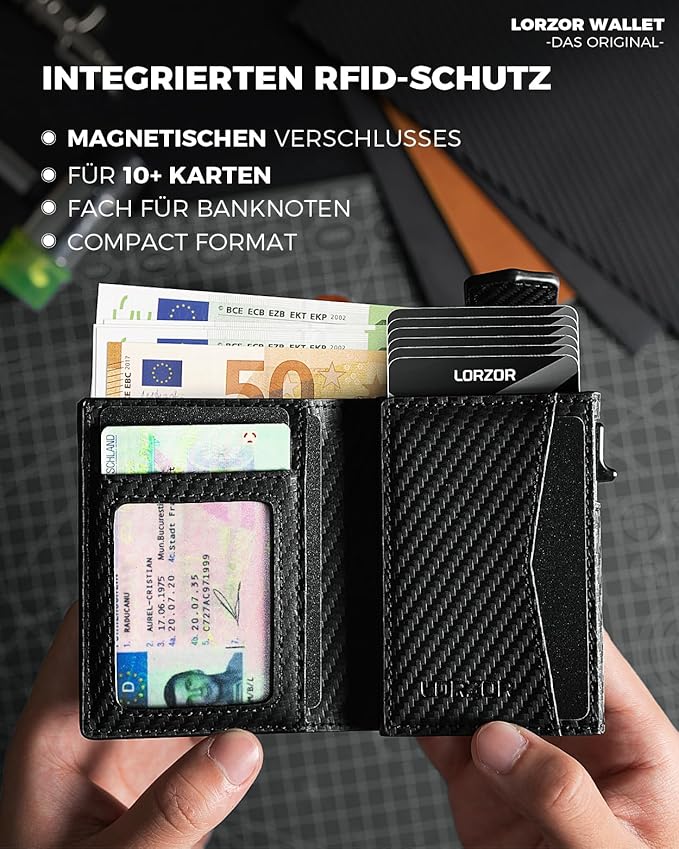 LORZOR Men's Slim Genuine Leather Wallet with RFID Protection and Coin Compartment - Black Carbon, AirTag Compatible, Modern Design - Smart Card Case for Secure Storage