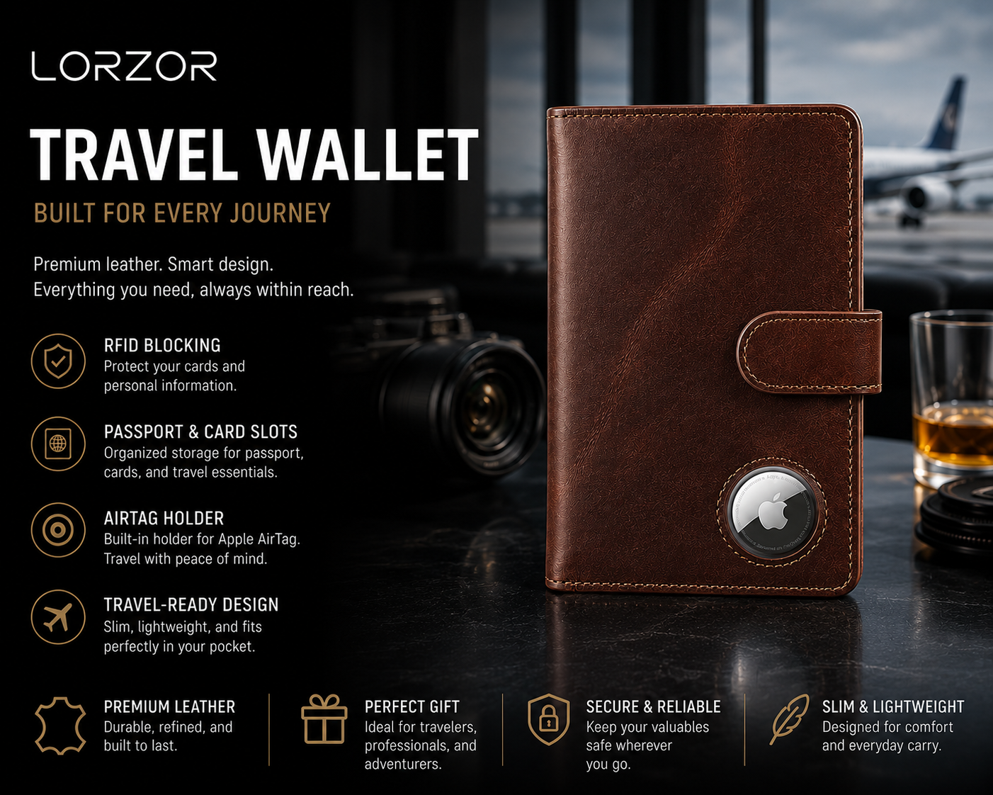 LORZOR leather travel wallet with passport, cards, cash, and travel essentials