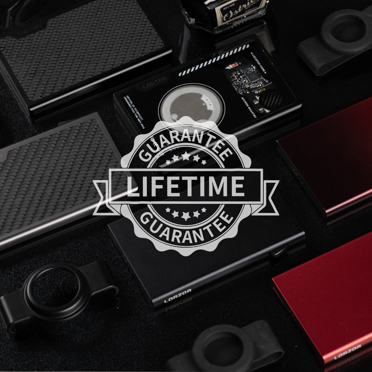 Aluminum card wallets in multiple colors with cash straps and lifetime guarantee badge