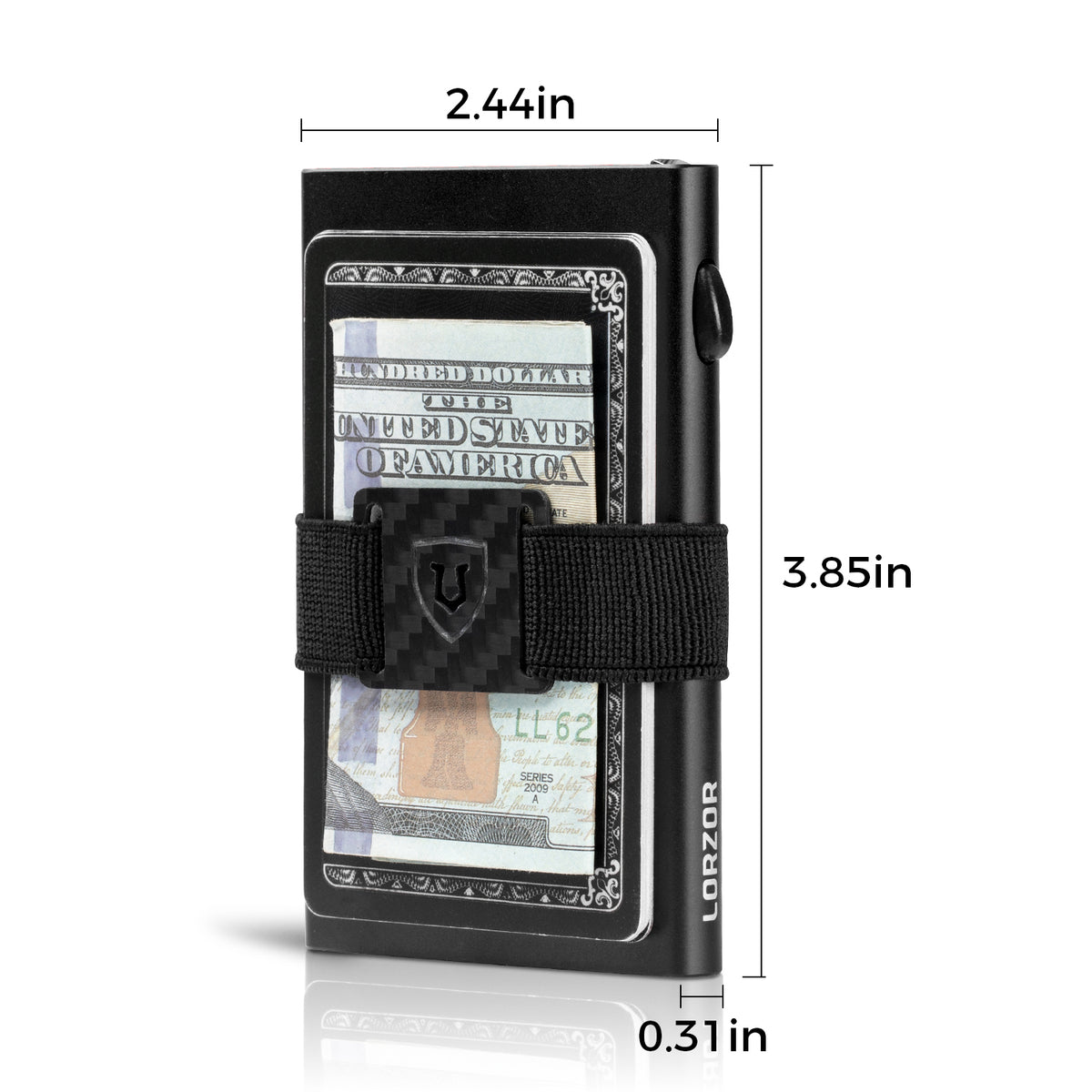 Black aluminum card wallet with cash strap shown with 2.44 in by 3.85 in dimensions