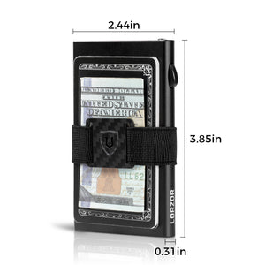 Black aluminum card wallet with cash strap shown with 2.44 in by 3.85 in dimensions