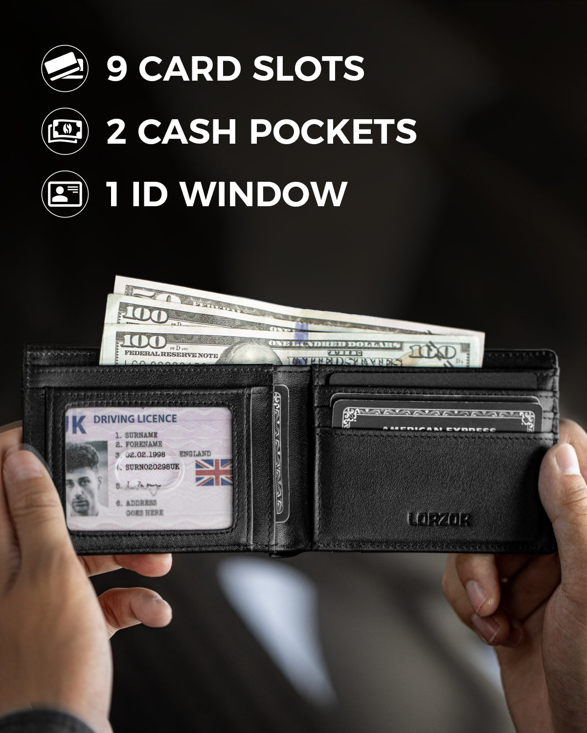 Open black bifold wallet showing card slots, cash pockets, and ID window