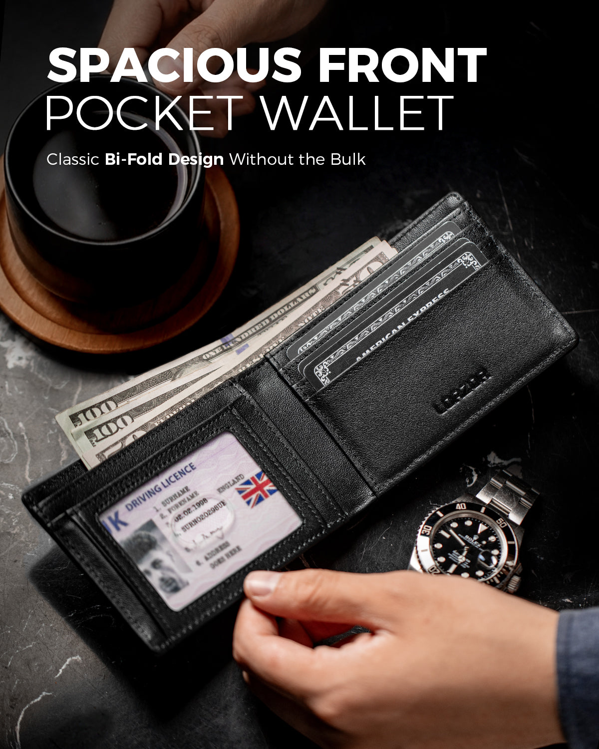 Open black bifold wallet with cash, cards and ID window on a tabletop