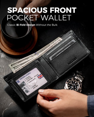 Open black bifold wallet with cash, cards and ID window on a tabletop