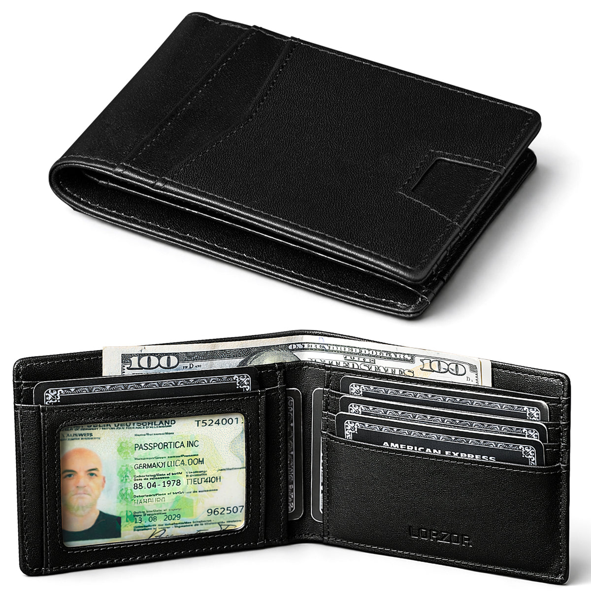 Black bifold wallet shown open with card slots, ID window and cash compartment
