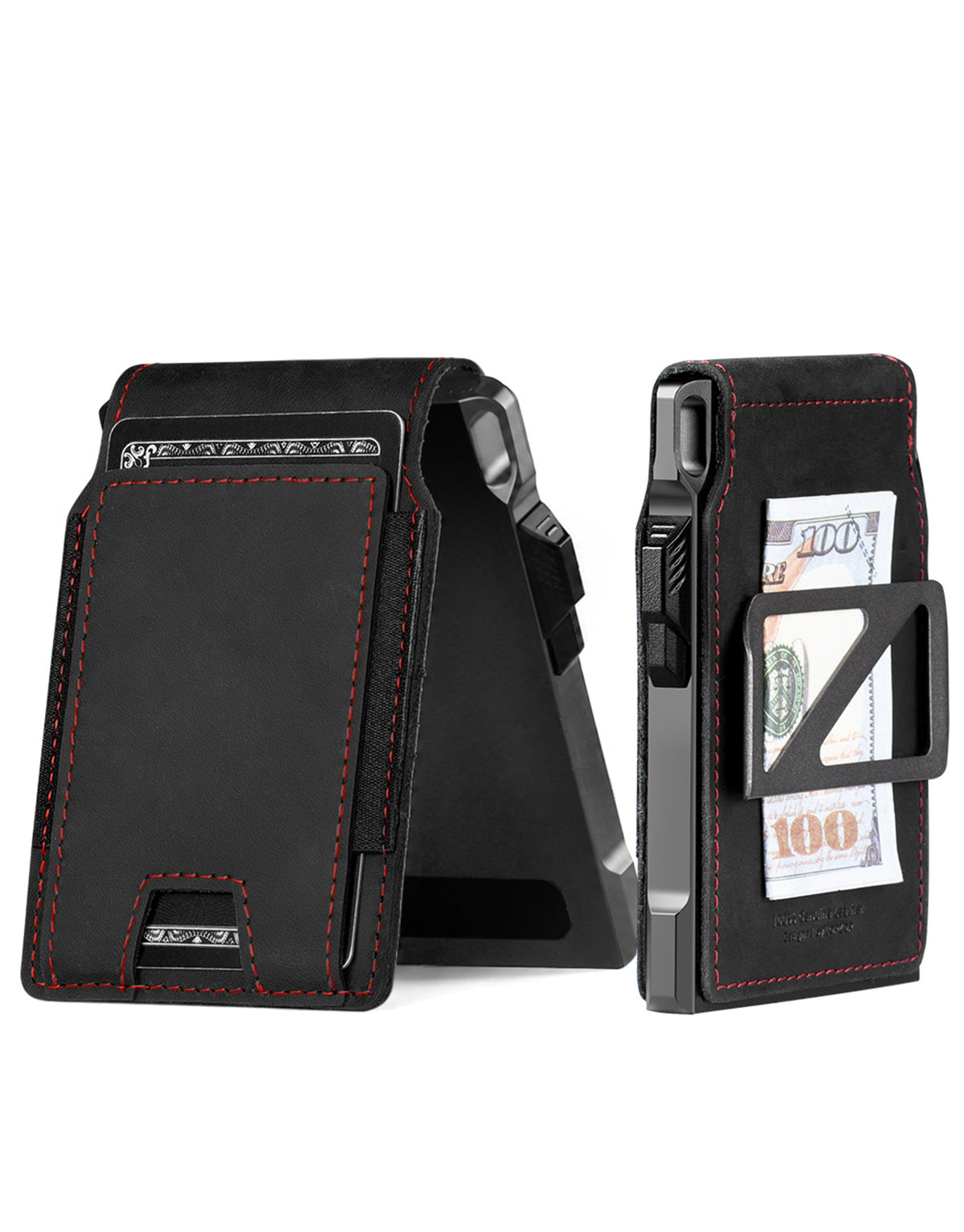 Black folding leather wallet with red stitching, card pocket, and cash holder