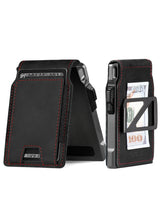 Black folding leather wallet with red stitching, card pocket, and cash holder