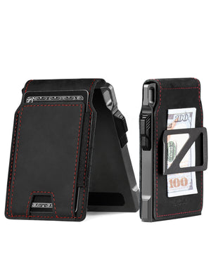 Black folding leather wallet with red stitching, card pocket, and cash holder