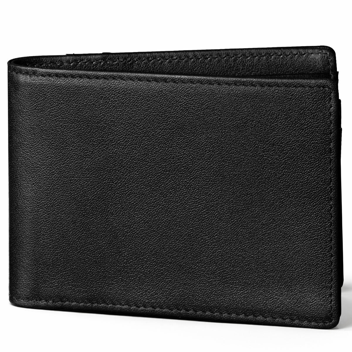 Angled close-up of a black leather bifold wallet with stitched edges