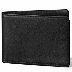 Angled close-up of a black leather bifold wallet with stitched edges