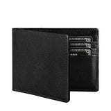 Black leather bifold wallet partially open with card slots visible