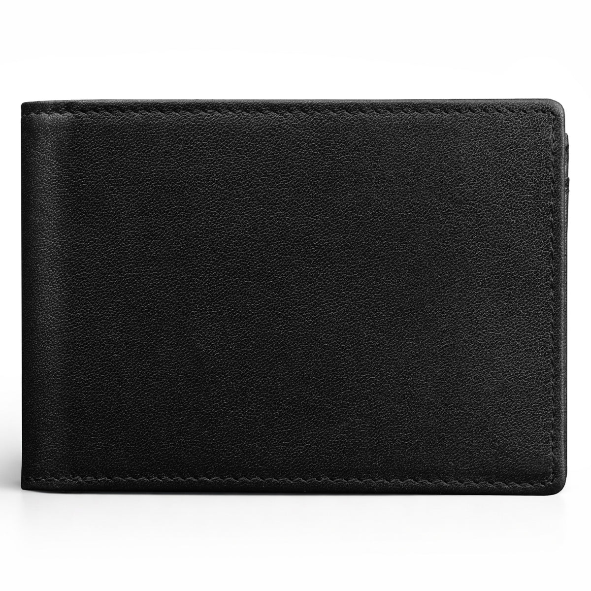 Front view of a closed black leather bifold wallet with textured finish