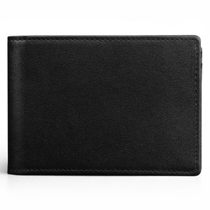 Front view of a closed black leather bifold wallet with textured finish