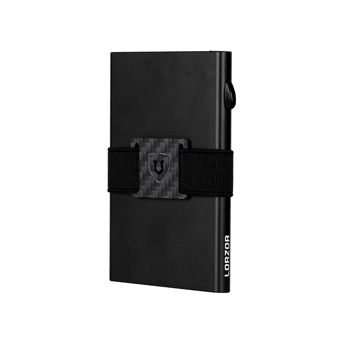 Black RFID-blocking wallet shown angled with elastic strap and carbon fiber plate