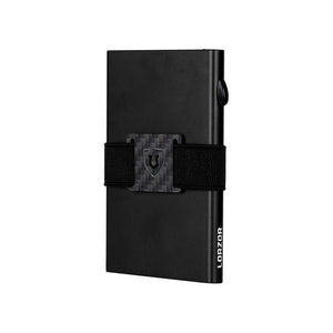 Black RFID-blocking wallet shown angled with elastic strap and carbon fiber plate