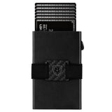 Black aluminum RFID wallet front view with cards extended and a black cash strap