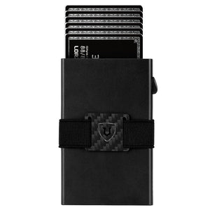 Black aluminum RFID wallet front view with cards extended and a black cash strap