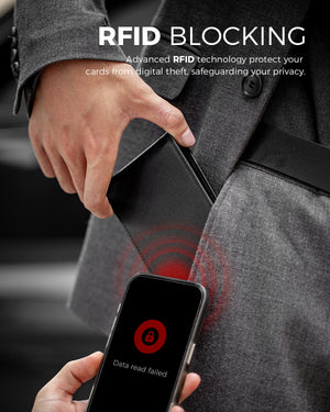 Black leather wallet in a jacket pocket with phone showing RFID blocking test