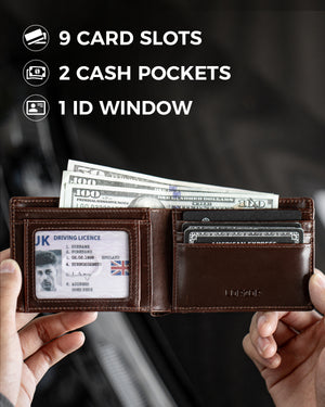 Open brown bifold wallet showing card slots, cash pockets, and ID window