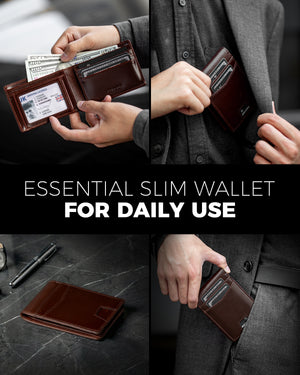 Brown bifold leather wallet shown with cards, cash, and jacket pocket use