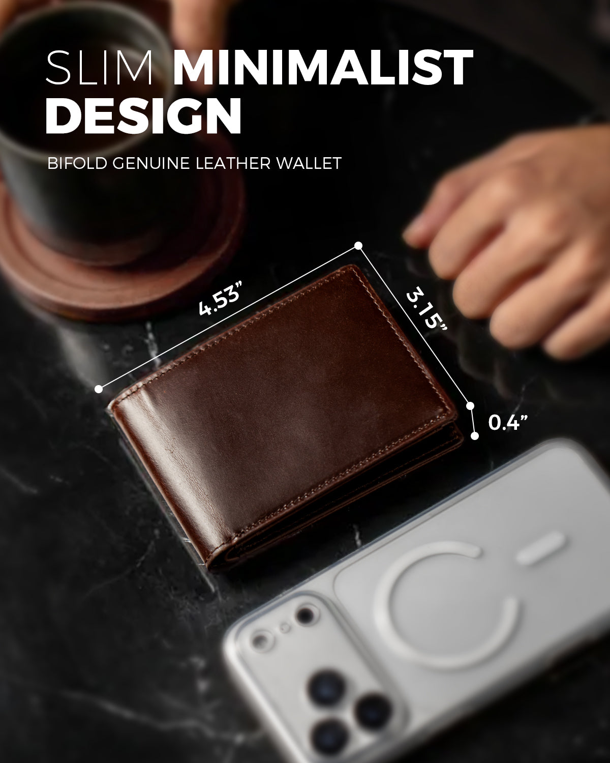 Brown bifold leather wallet shown closed with size measurements