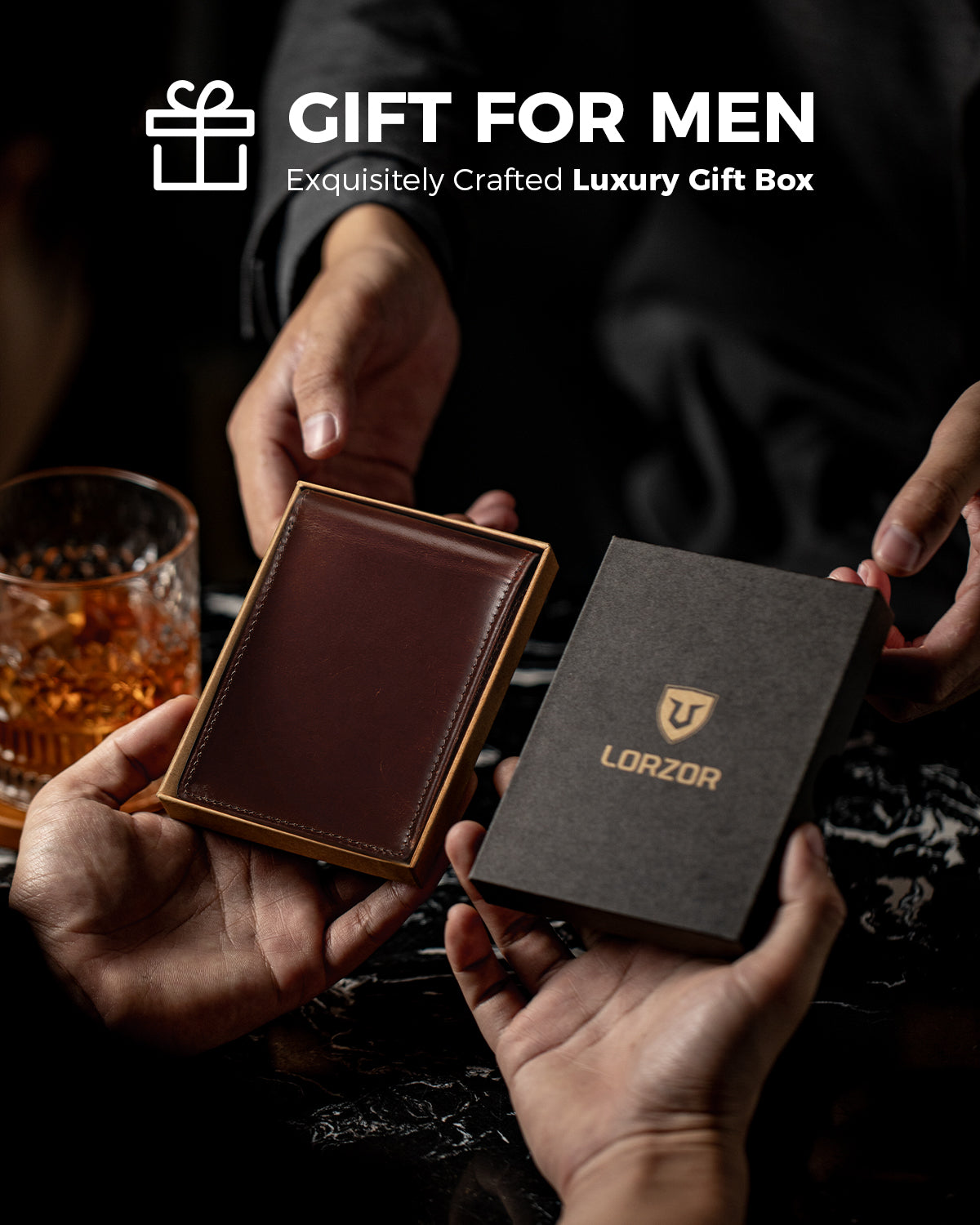 Brown bifold leather wallet presented in a gift box