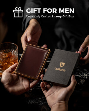 Brown bifold leather wallet presented in a gift box