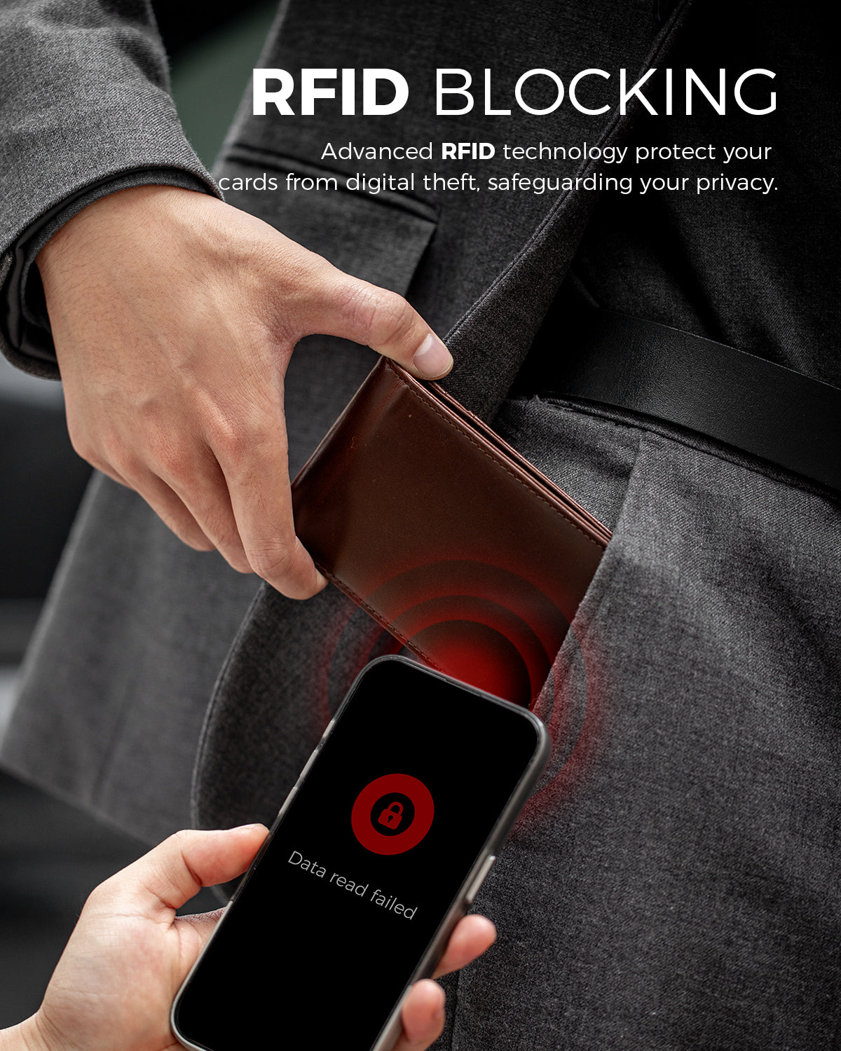 Brown bifold wallet in a pocket with RFID blocking graphic and phone