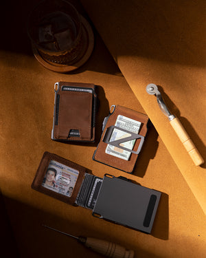 Brown folding leather wallet laid out with ID window, cards, cash, and cover
