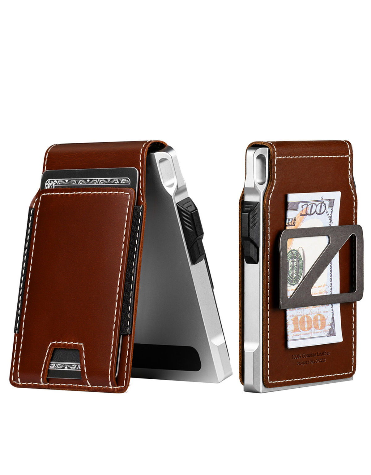 Brown folding leather wallet with white stitching and visible cash holder